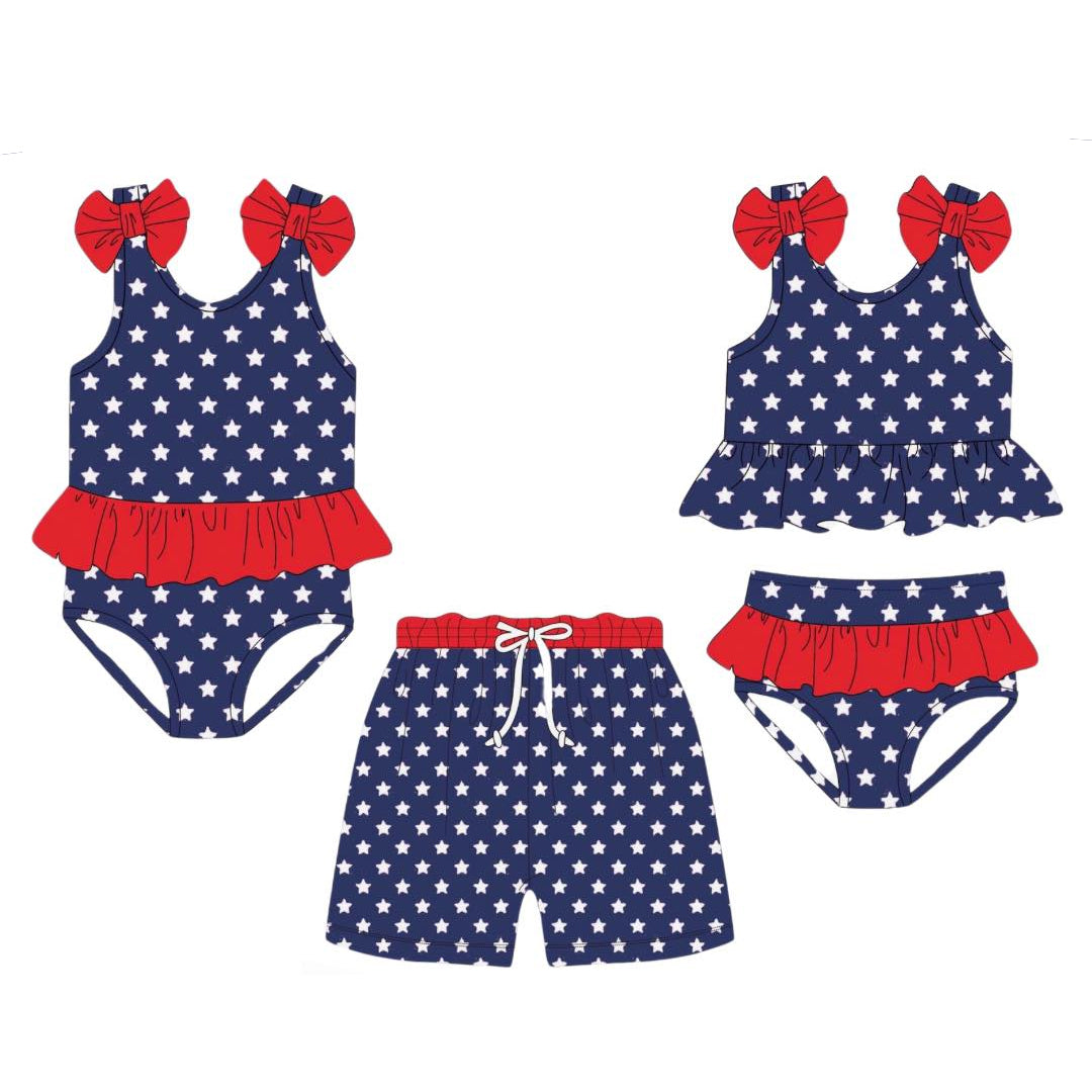 Preorder S0529 Red Bows Ruffle Navy Blue Star Sleeveless top briefs sets  Girls Boutique Swimming wear  202503