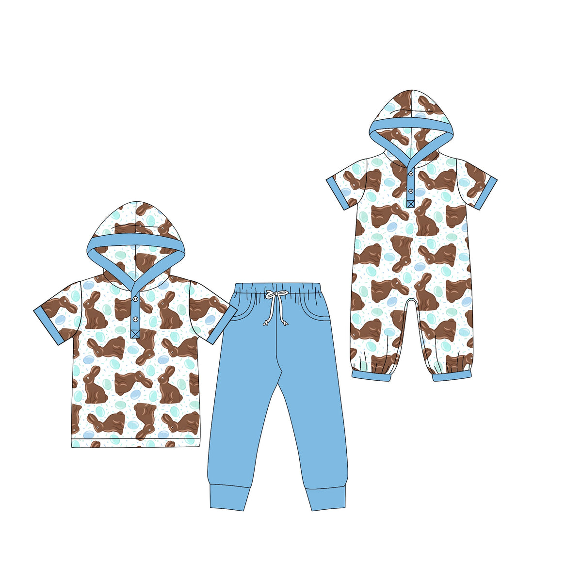 Preorder MOQ 5 pcs Each Style Easter Bunny Hoodie Blue Kids Matching Clothes