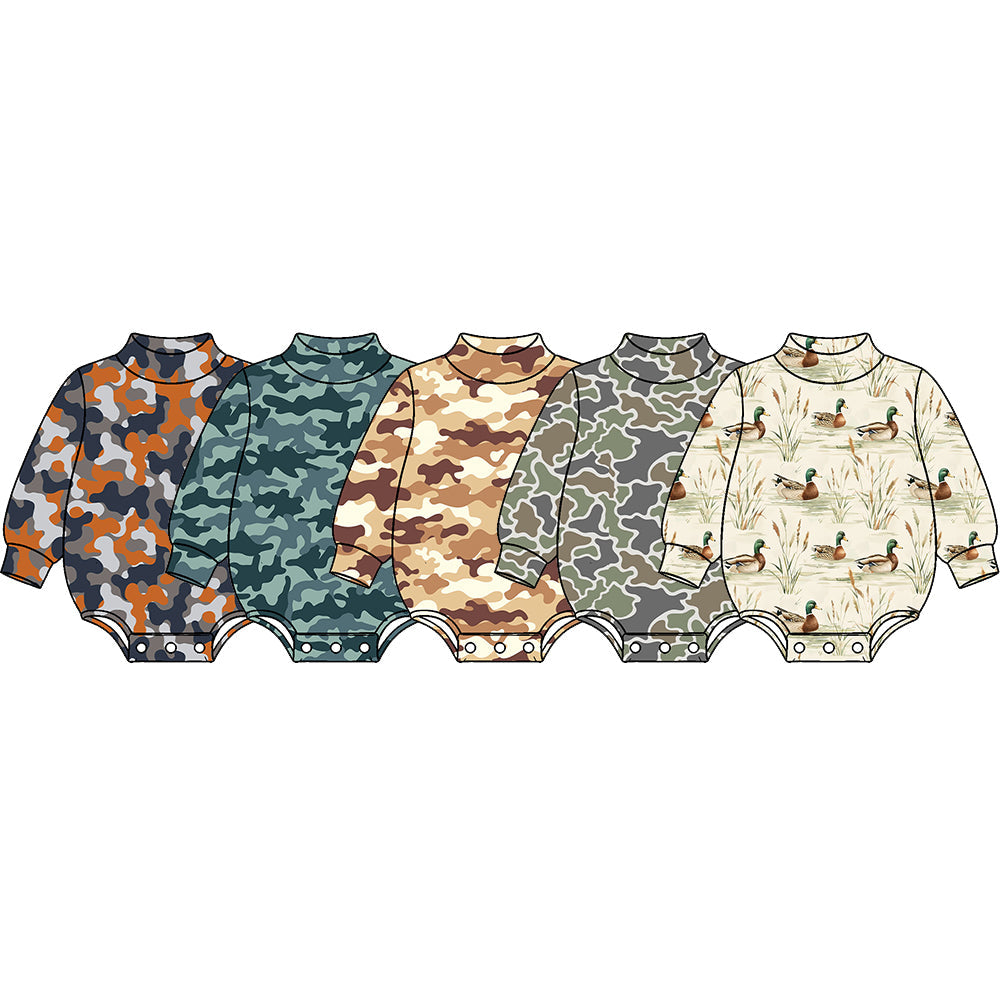 Preorder MOQ 5 pcs Each Style Hunting Camo Mockneck Baby Bubble Romper Kids Matching Clothes