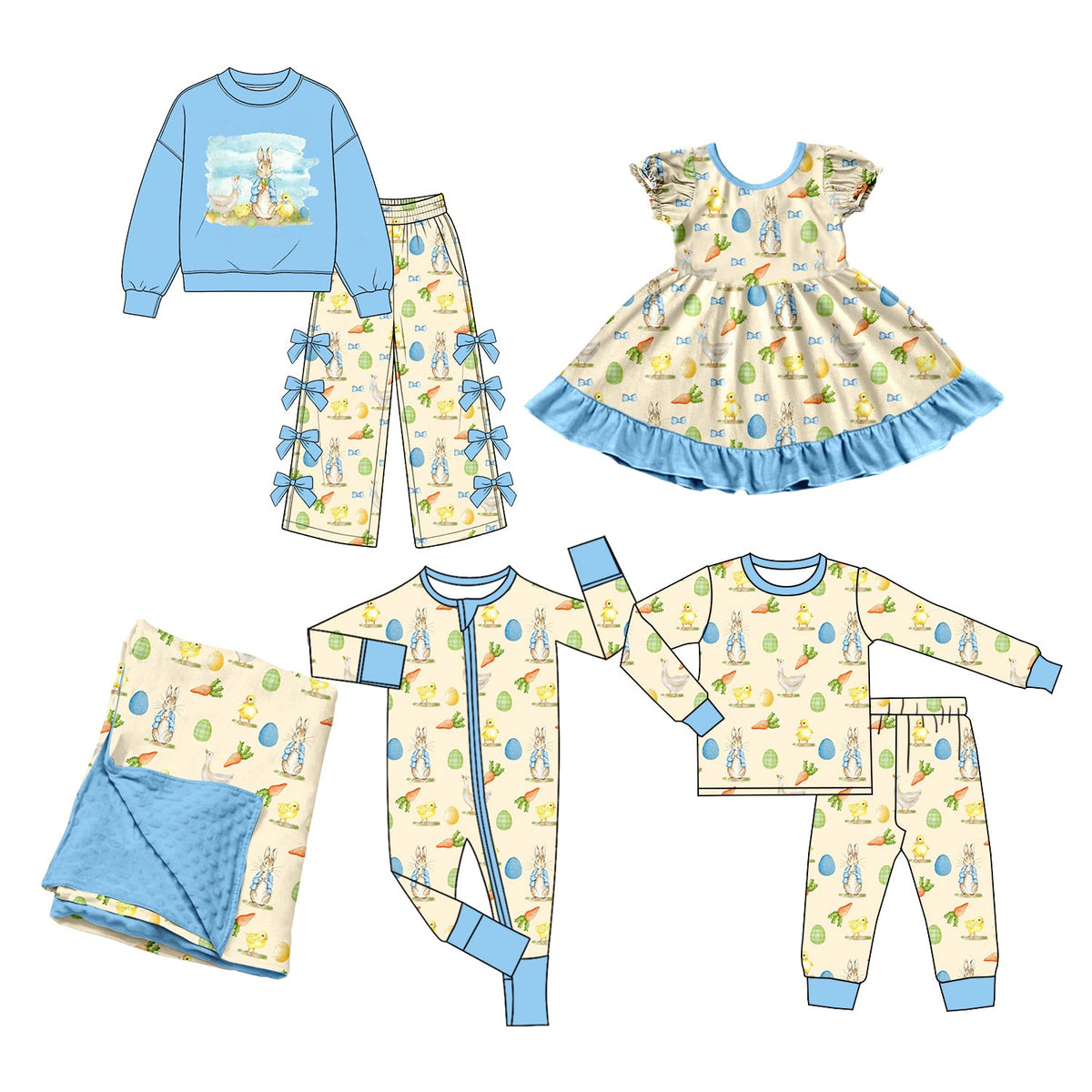 Preorder MOQ 5 pcs Each Style Easter Bunny Chick Blue Kids Matching Clothes
