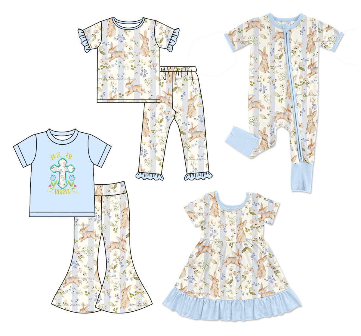 Preorder MOQ 5 pcs Each Style Easter Bunny Flower Blue Kids Matching Clothes
