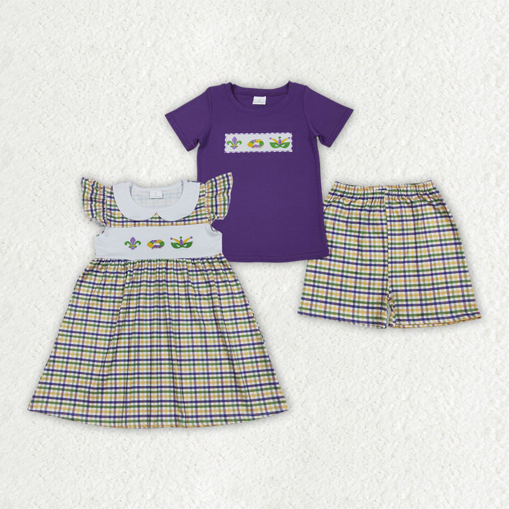 Sibling Matching Clothes Embroidered Mardi Gras Kids Clothes Plaid Sets 202601 RTS