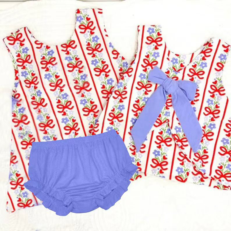 CUSTOM MOQ 5 PCS preorder Floral Bows Red Stripe Sleeveless Bubble Bummies Girls Sets 202511