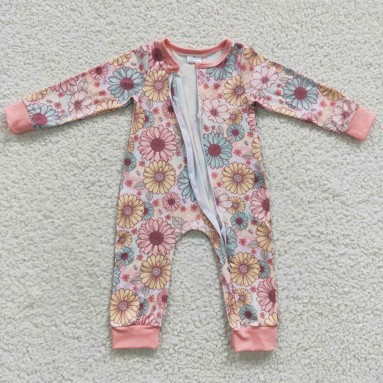 LR0301 Pink Floral Flower  Zipper Girls Long Sleeve Romper