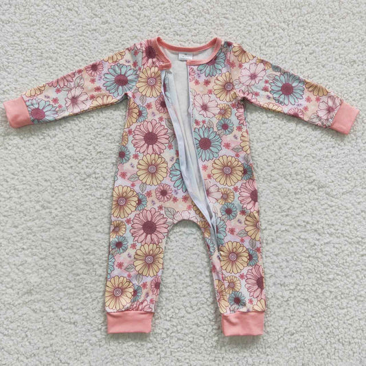 LR0301 Pink Floral Flower  Zipper Girls Long Sleeve Romper