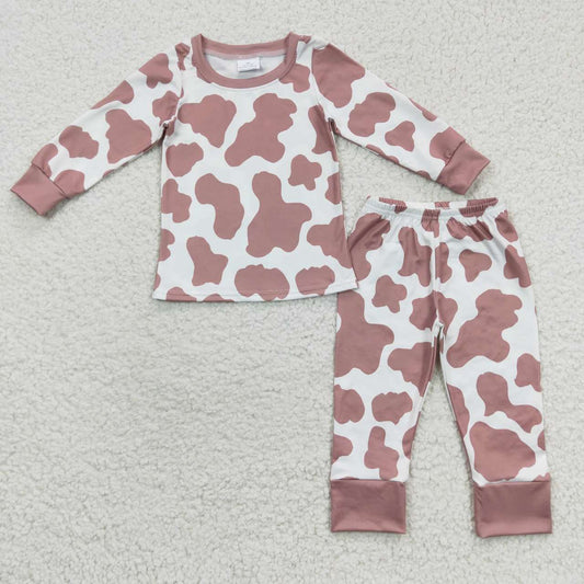 GLP0448   Brown Cow Print Girls Long Sleeve Pants Outfits Pajamas