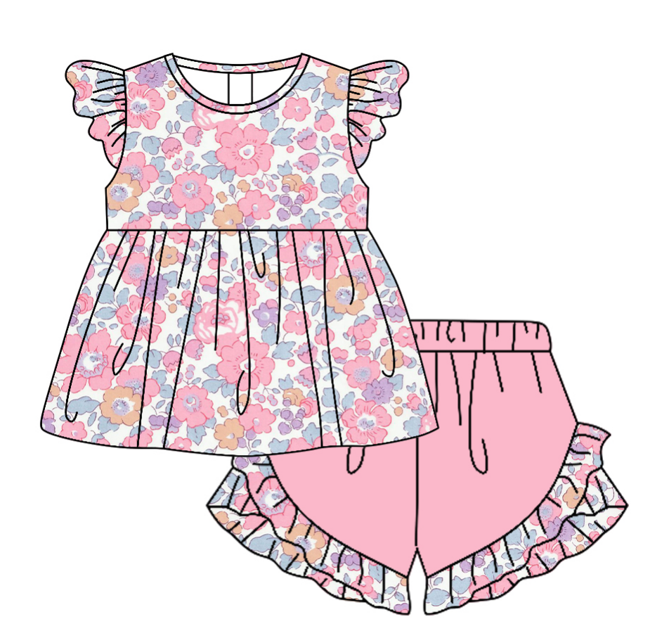 CUSTOM MOQ 5 PCS Flower Ruffle Pink Flying Sleeve Shorts Girls Sets 20251122
