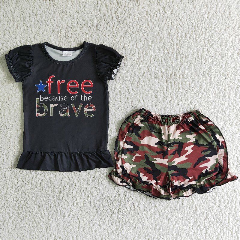 Clearance A10-4 4th Of July Black Free Because Of The Brave Camo Girls Short Sleeve Shorts Outfits