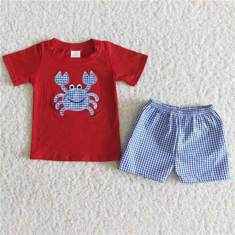 Clearance A11-4 Bargain price Crab red short-sleeved blue plaid pants