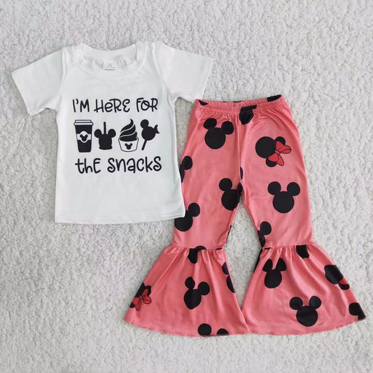 Clearance A13-22 I am here for the snacks Pink Mouse Cartoon Girls Short Sleeve Bell Bottom Outfits