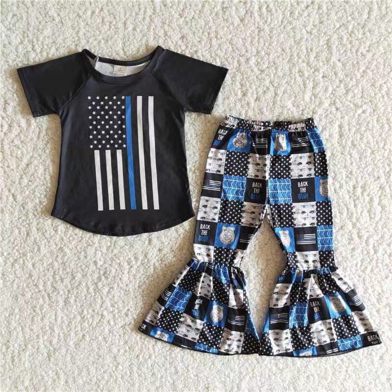 Clearance A13-4 Flag police black short-sleeved plaid bellbottoms