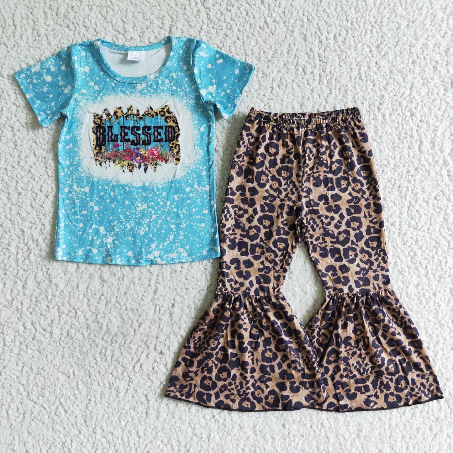 Clearance A14-24 blessed blue short-sleeved leopard print wide-leg pantsuit