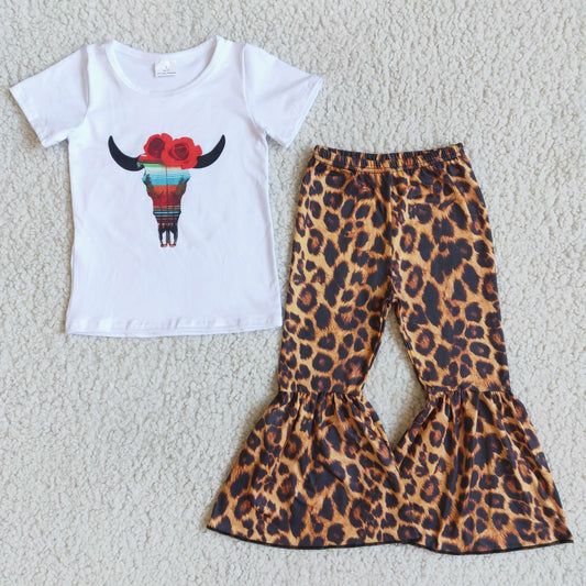 Clearance A15-14 Cow Leopard Red Floral Girls Short Sleeve Bell Bottom Pants Outfits