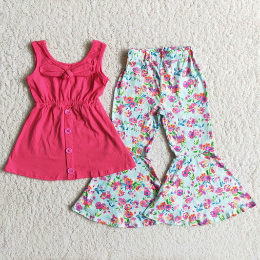 Clearance A18-11 Hot Pink Blue Floral Bow Tunic Girls Sleeveless Bell Bottom Pants Outfits