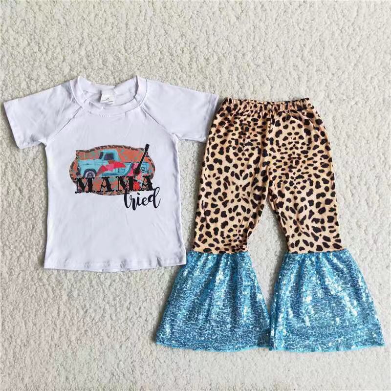 Clearance A6-11 Car white short sleeve leopard print blue sequin pants