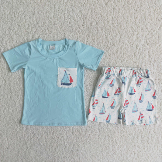 Promotion RTS A7-11 4th of July Sailboat Print Pocket Blue Boys Short Sleeve Shorts Outfits