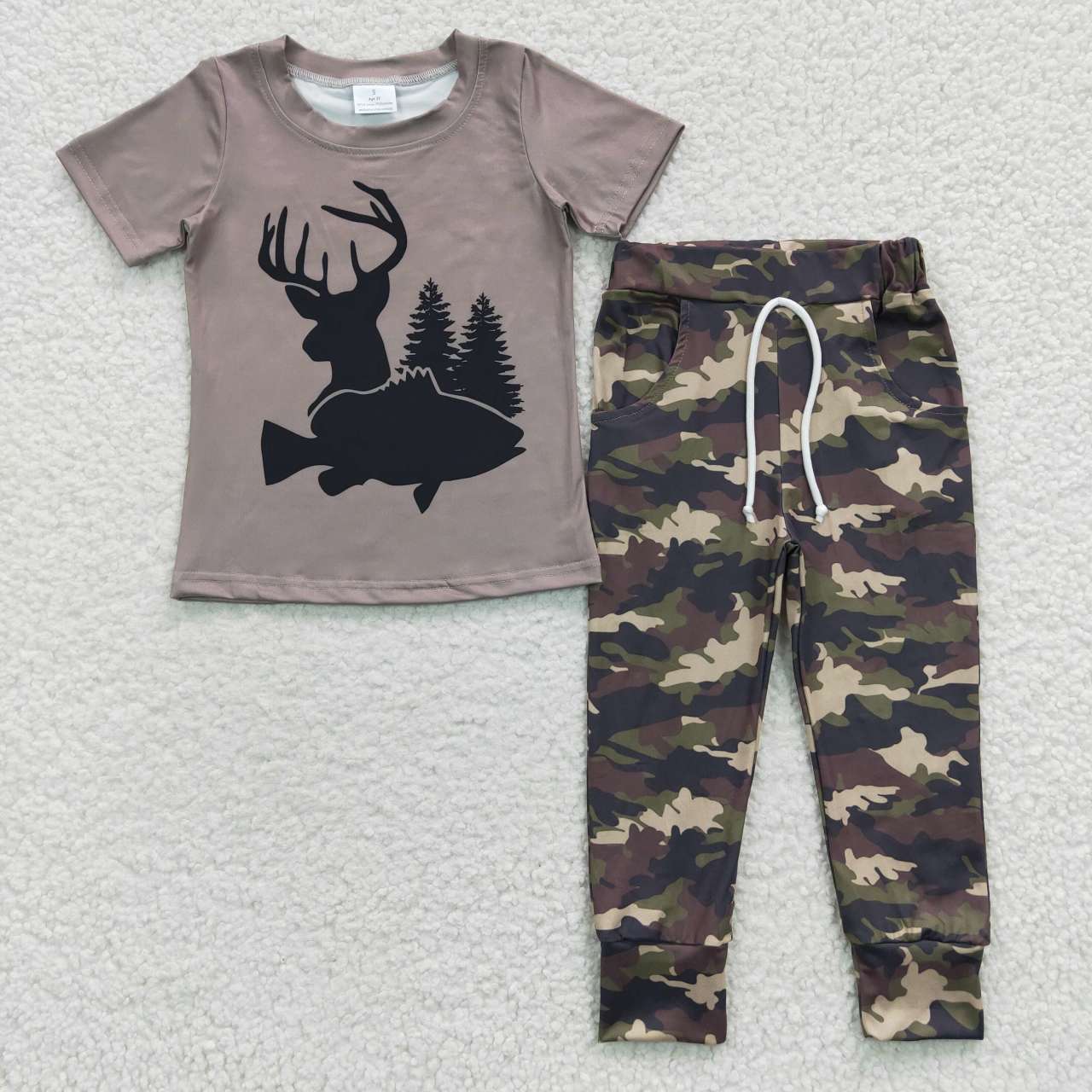 BSPO0108 Grey Deer Camo Hunt Boys Short Sleeve Pants Outfits