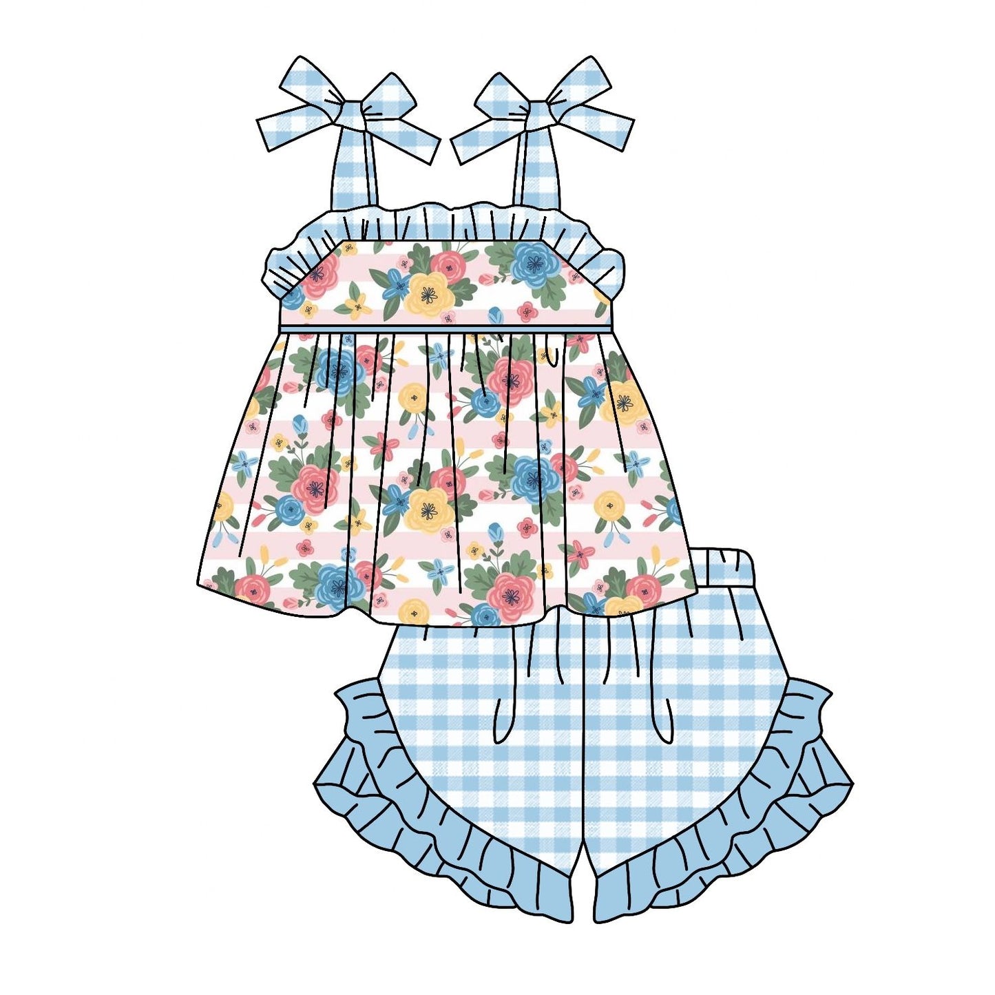 Preorder  GSSO0586 Blue Floral  Girls Short Sleeve Shorts Outfits