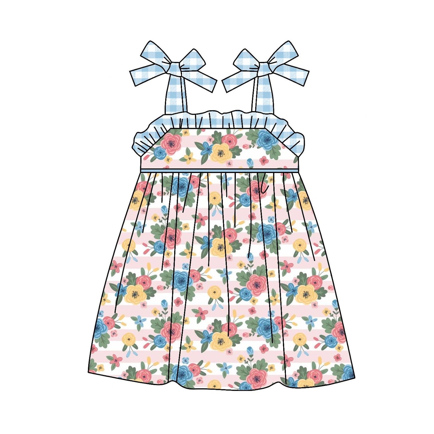 Preorder-  GSD0803 Blue Floral Girls Short Sleeve Dresses