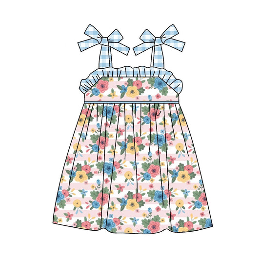 Preorder-  GSD0803 Blue Floral Girls Short Sleeve Dresses