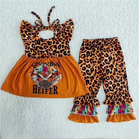 Clearance B10-14 heifer sleeveless dress with three-tiered border leopard print pants