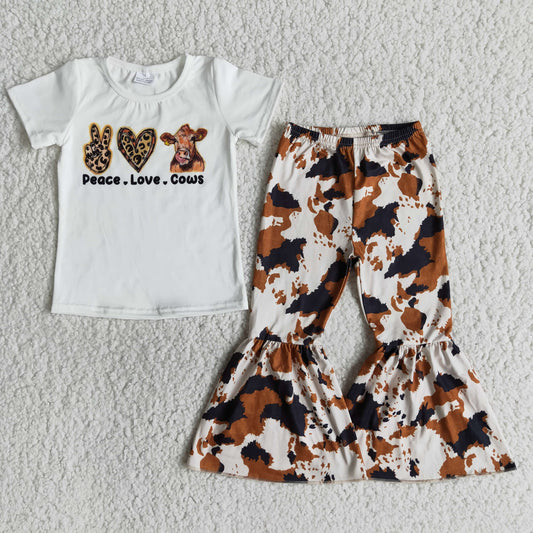 Clearance B10-16 Peace Love Cow Print Brown Girls Short Sleeve Bell Bottom Pants Outfits