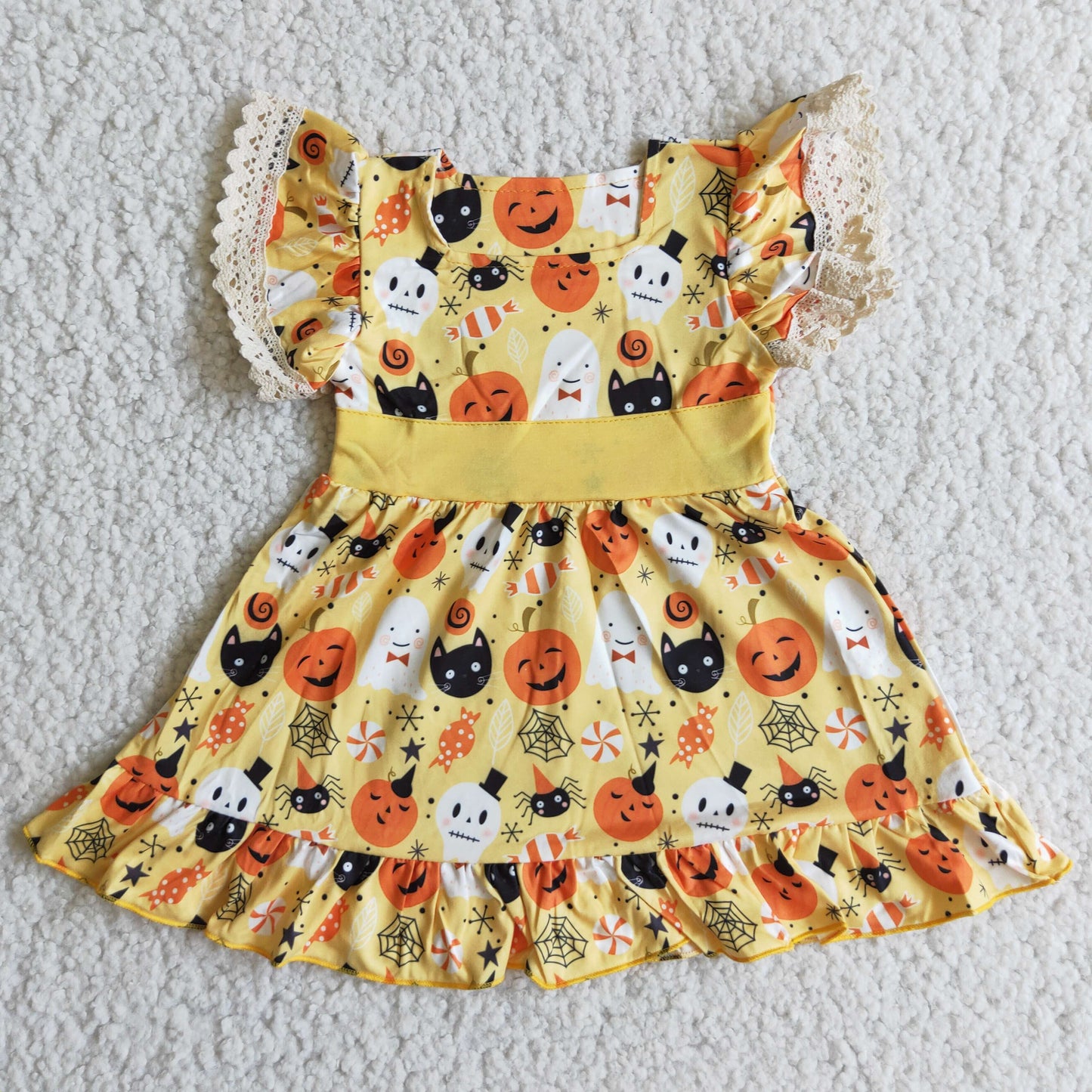 Clearance B10-9 Halloween Orange Pumpkin Floral Lace Pockets Ruffles Girls Short Sleeve Dresses