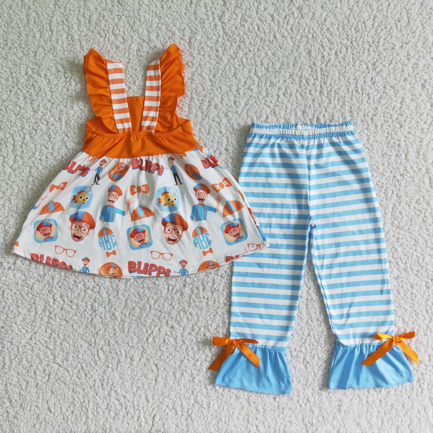 Clearance B14-2 NO MOQ High quality blippi Orange suit Short sleeve blue striped trousers