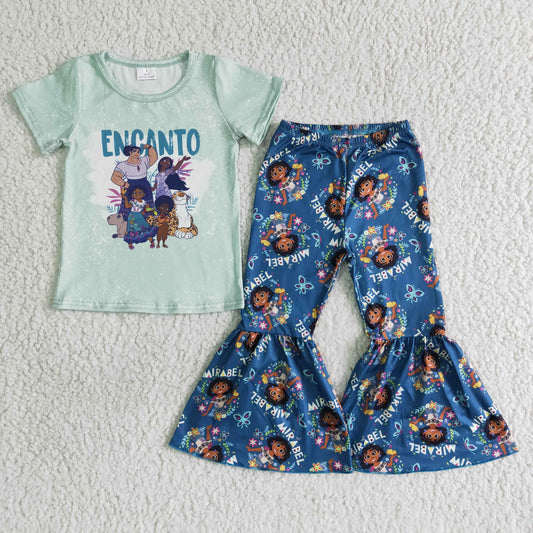 Clearance B16-28 ENCANTO green short-sleeved cartoon bell bottoms suit