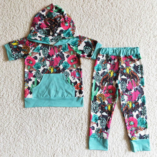 Clearance B18-1 Blue pocket hooded floral pantsuit no moq