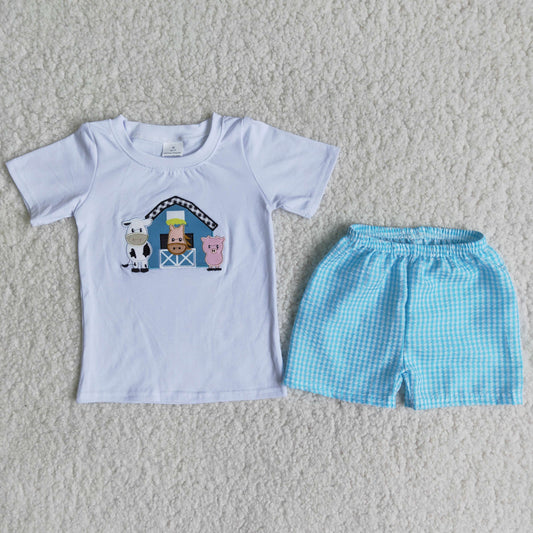 Clearance B18-12 Boys Embroidery Dairy farm white short sleeve blue check set high quality