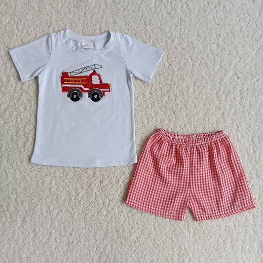 Clearance  B3-13 Embroidery fire engine cotton top plaid pants boys high quality