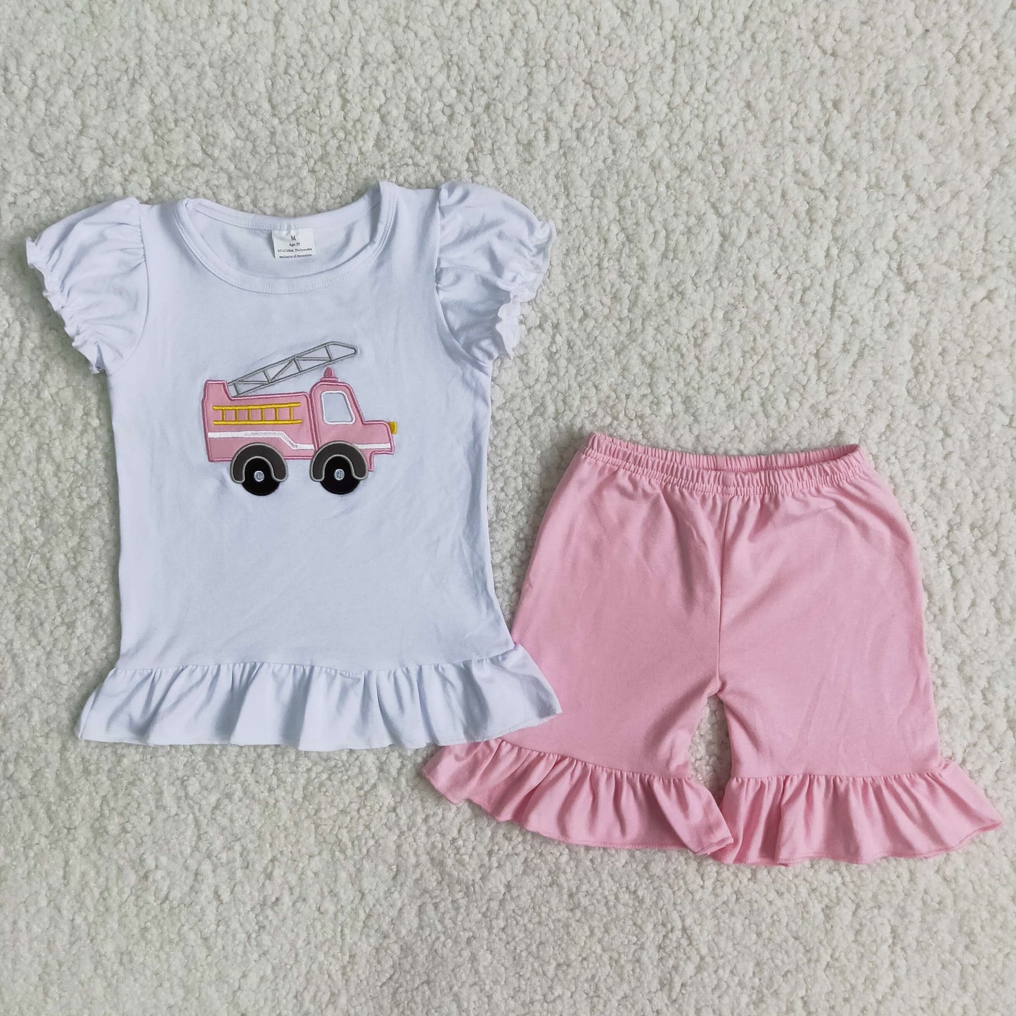 Clearance B3-4 Embroidered fire engine cotton top girl set