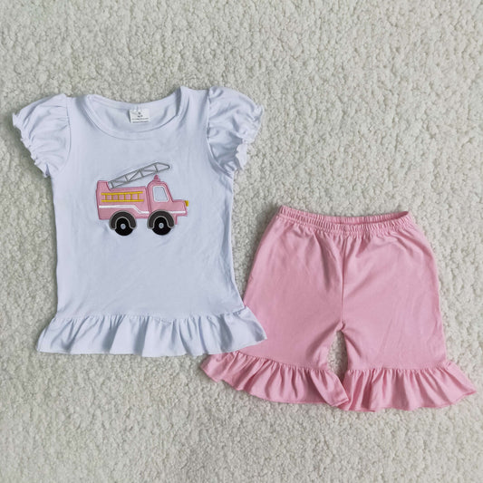 Clearance B3-4 Embroidered fire engine cotton top girl set