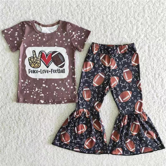 Clearance B5-16 Peace Love Football Brown Bleach Design Girls Short Sleeve Bell Bottom Pants Outfits