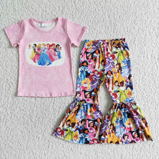 Clearance B7-22 Pink Bleach Princess Cartoon Girls Short Sleeve Pants Outfits