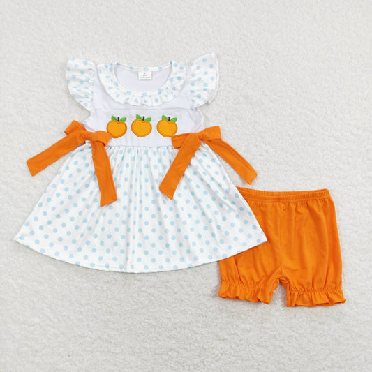 GSSO0451 Orange  Peach Embroidery Girls Short Sleeve Shorts Outfits