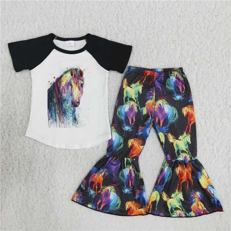 Clearance B8-4 Colored horse short-sleeved flared pants suit