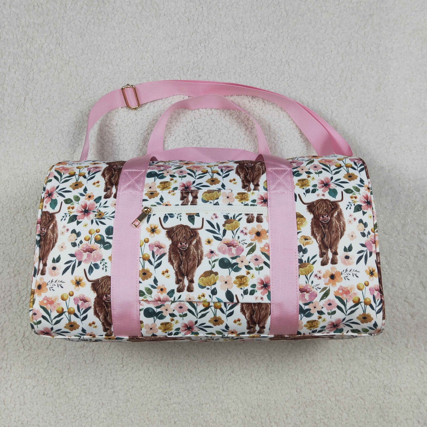 NEW BA0008 Pink Highland Cows Flower Leaf Print Gym Bag Travel Bag 202604 RTS