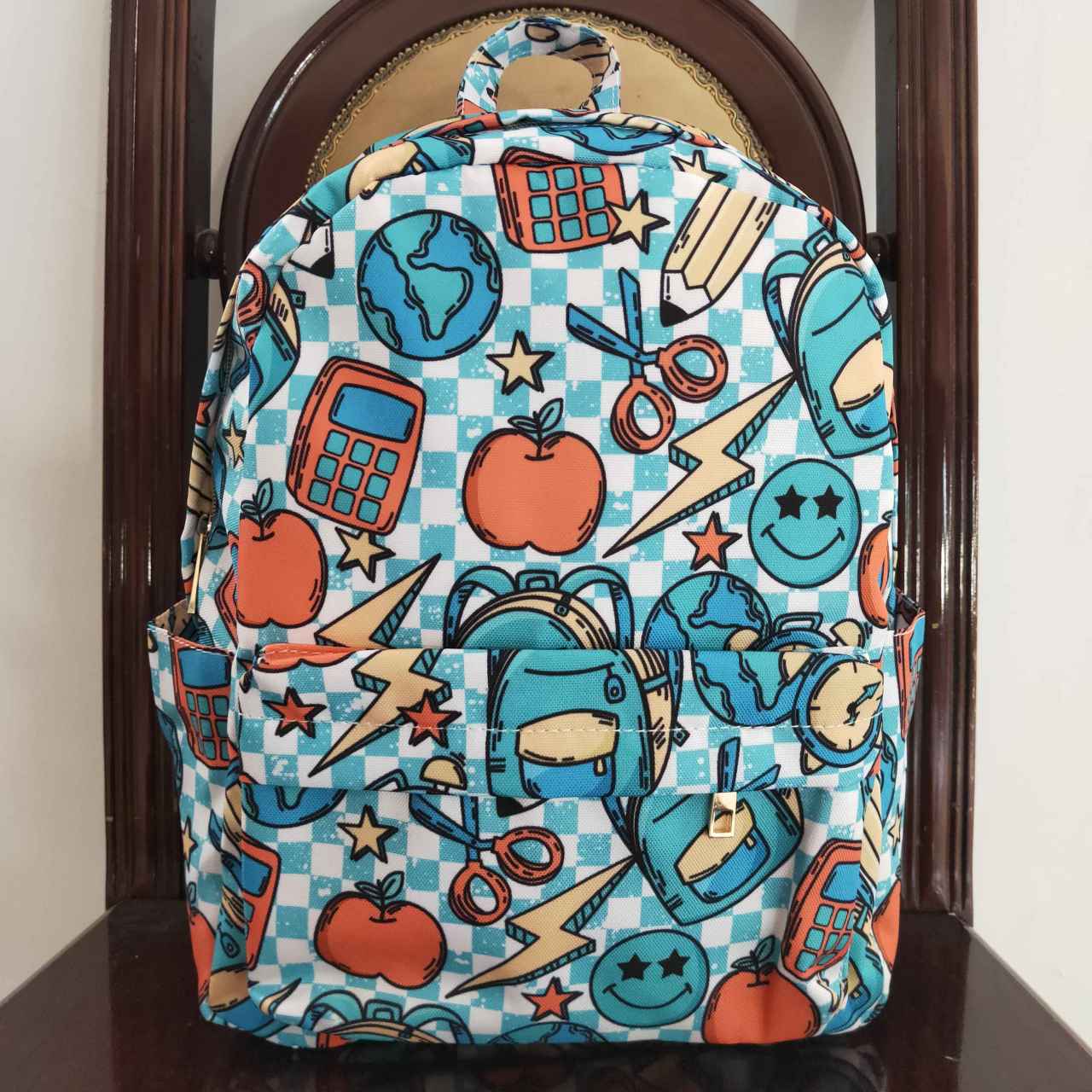 BA0071 Back To School Blue Red Apple Print Little Bag Bagpack