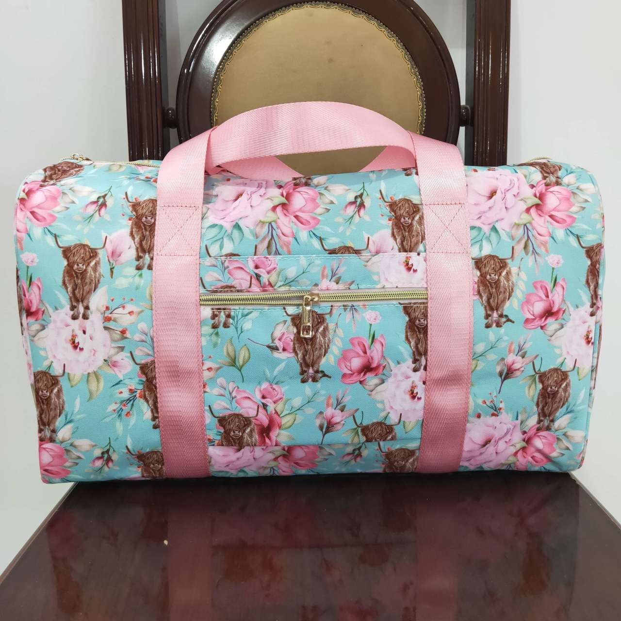 BA0084  Pink Floral Highland Cow Print Little Bag Bagpack