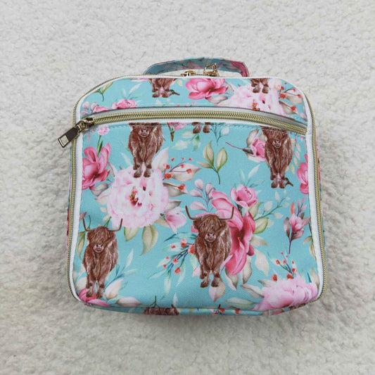 BA0095 Pink Blue Highland Cow Print Lunchboxes Food Bag Bagpack