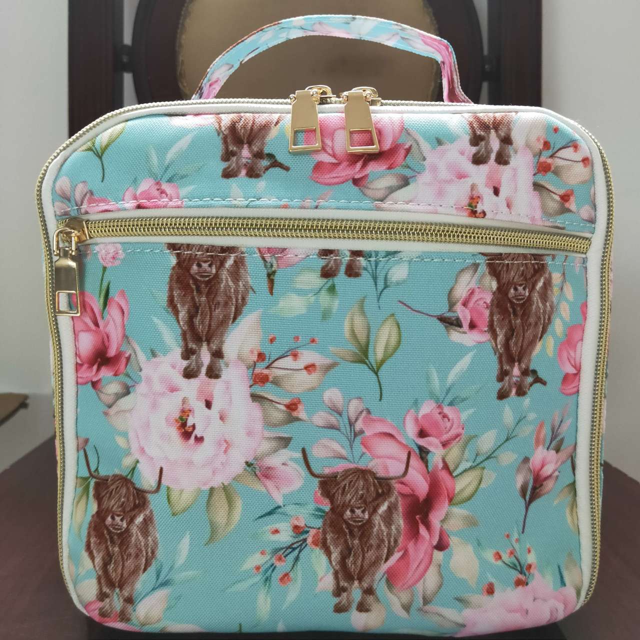 BA0095 Pink Blue Highland Cow Print Lunchboxes Food Bag Bagpack