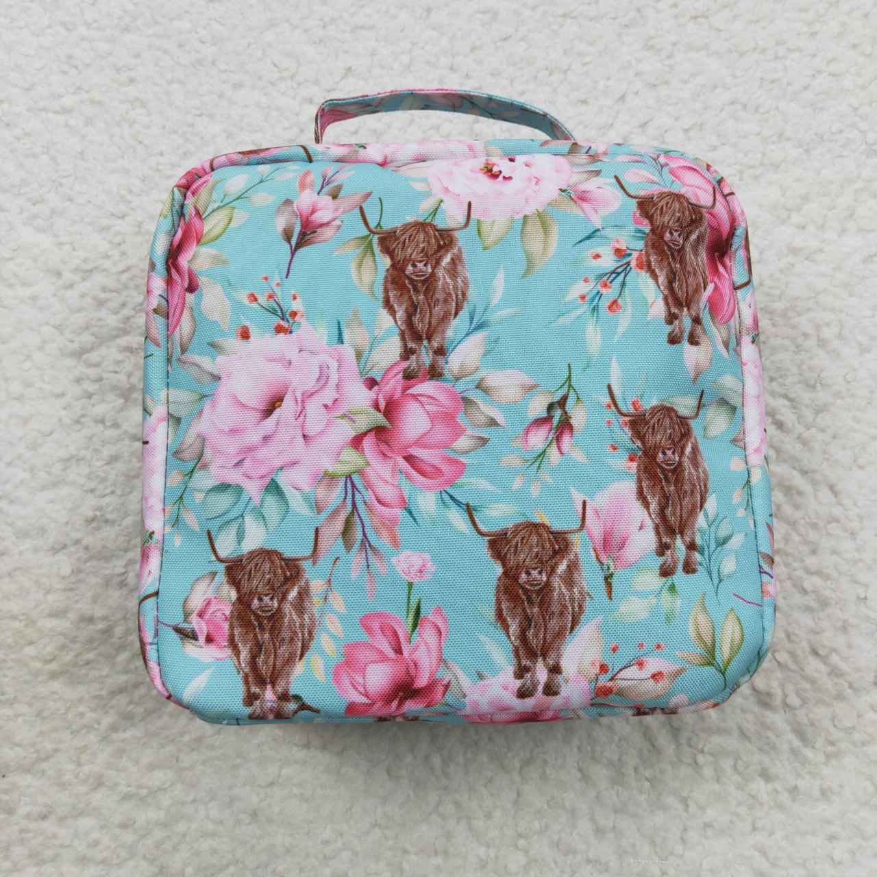 BA0095 Pink Blue Highland Cow Print Lunchboxes Food Bag Bagpack