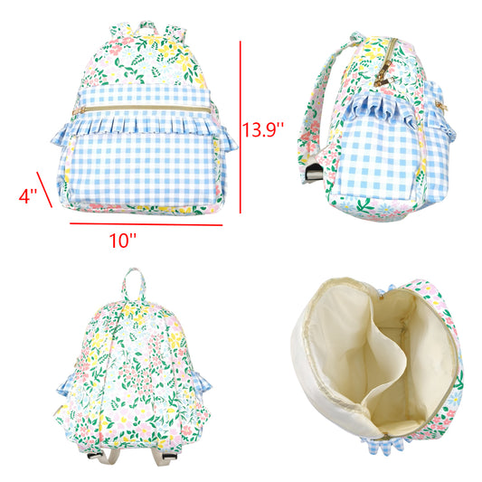 BA0097 flower leaf blue plaid backpack high quality kids school bag Free Shipping Over 2KG