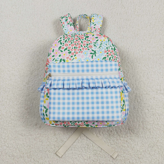 BA0097 flower leaf blue plaid backpack high quality kids school bag Free Shipping Over 2KG