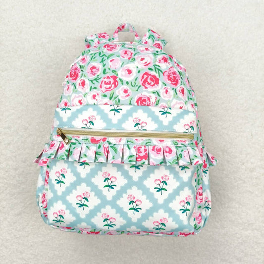 BA0100 Pink flowers light blue backpack