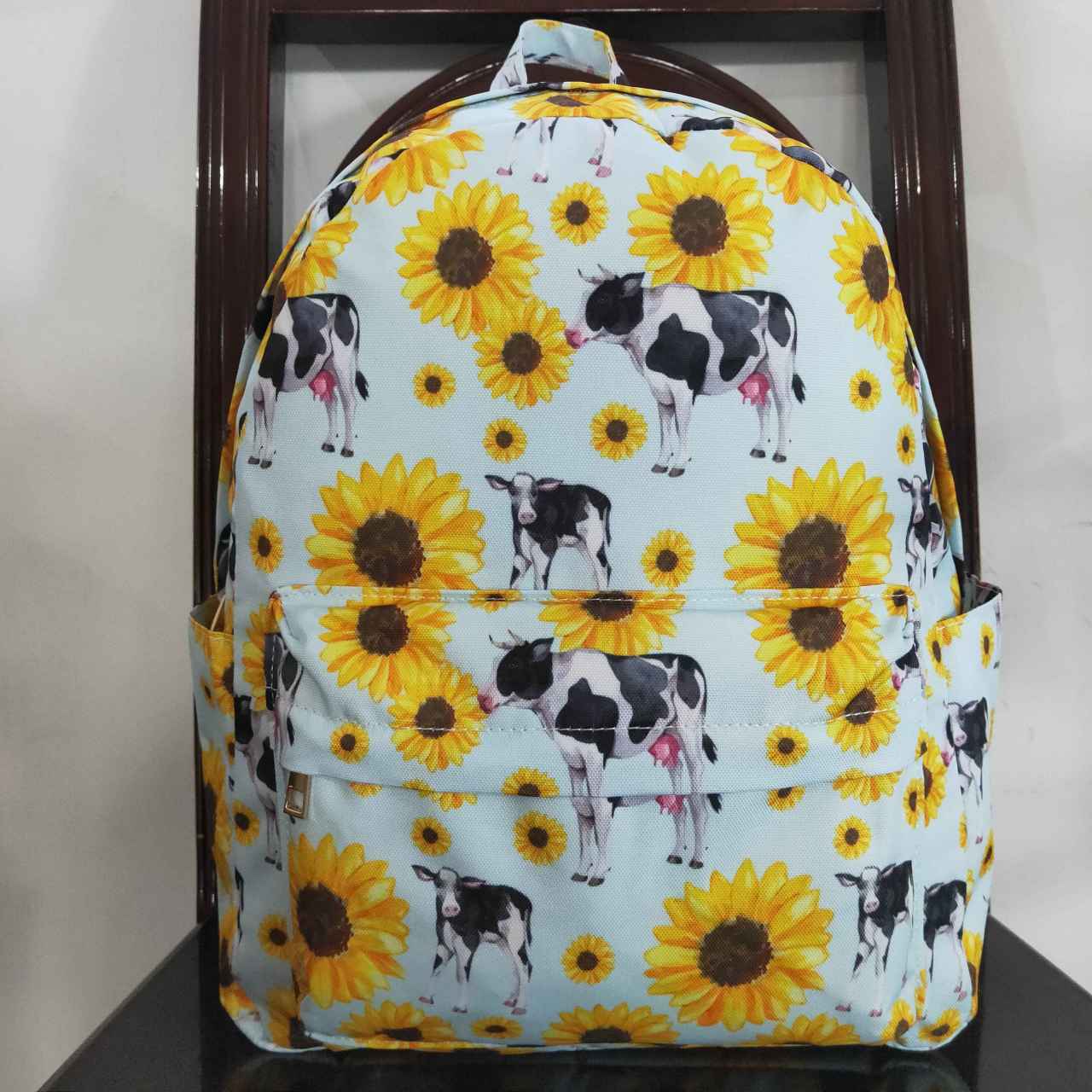 BA0151  Yellow Blue Sunflower Cow  Print Little Bag Bagpack