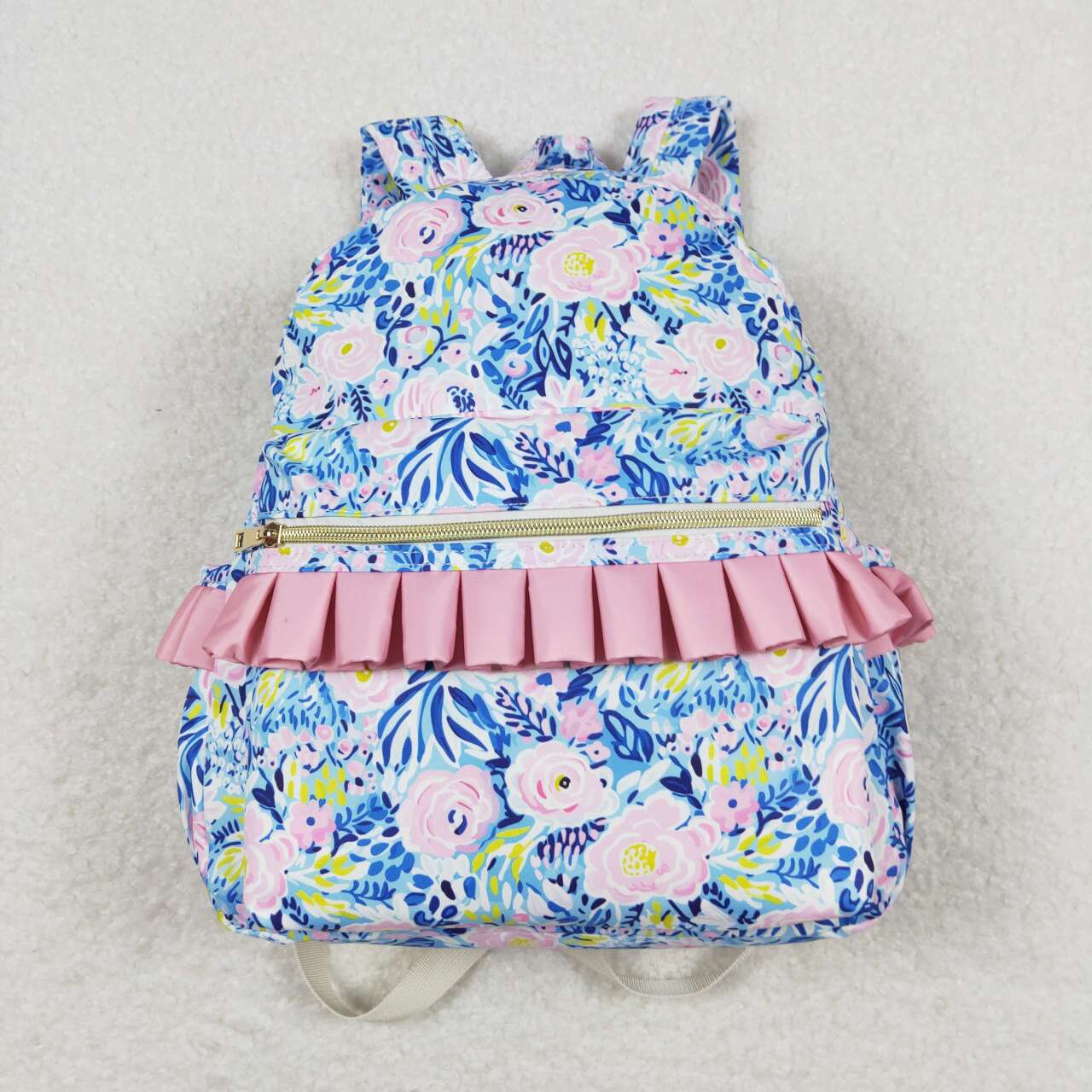 BA0175 Pink Ruffle Flower Blue Backpack PU leather 5*13.5*17 inches bag 20240401 RTS