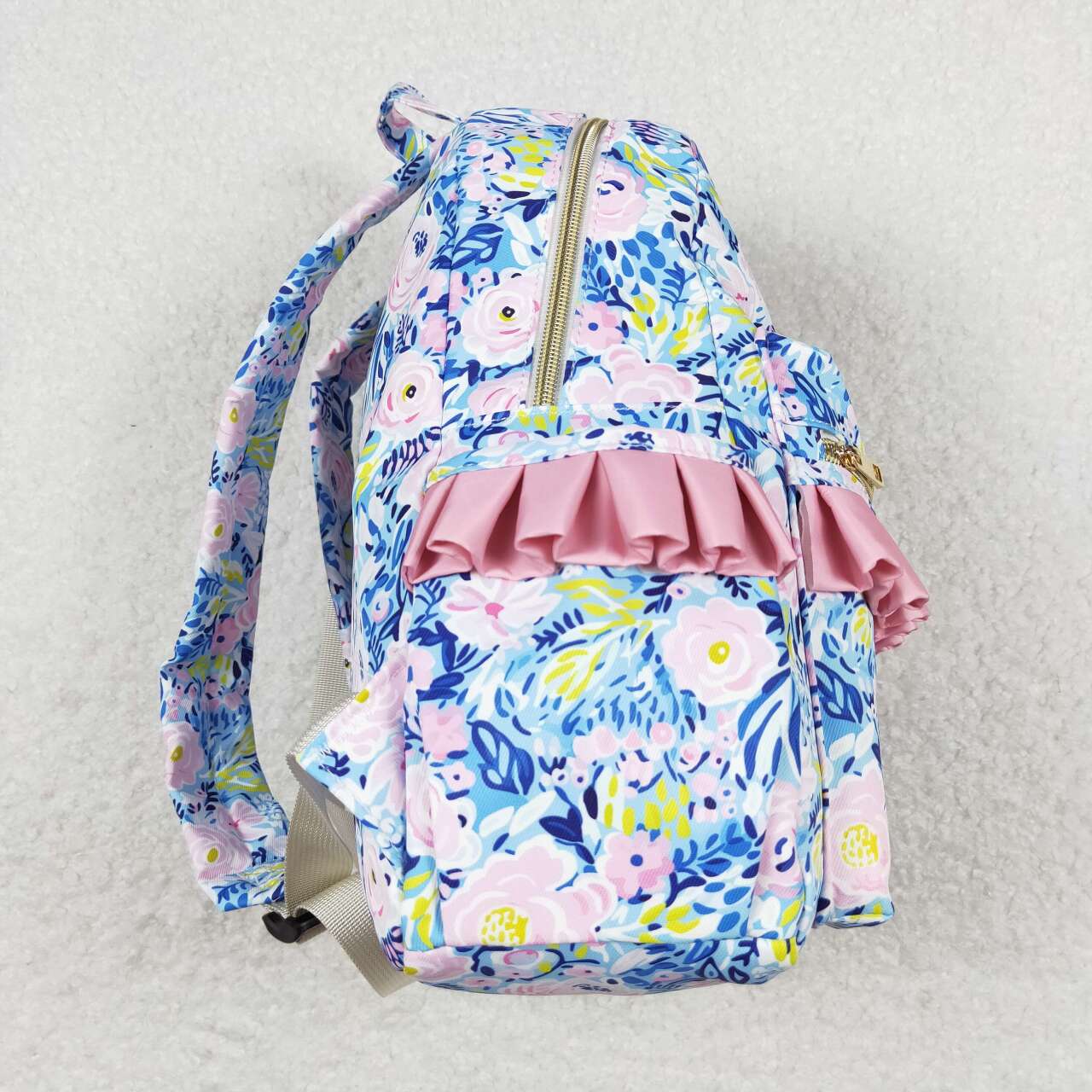 BA0175 Pink Ruffle Flower Blue Backpack PU leather 5*13.5*17 inches bag 20240401 RTS